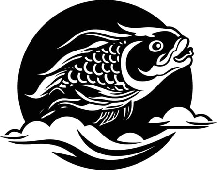 A powerful black and white illustration of a koi fish leaping through the air, surrounded by stylized clouds vector