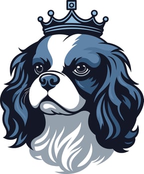 A charming cartoon illustration of a cavalier king charles spaniel wearing a crown, perfect for dog lovers, pet product brands, and royalty themed designs vector