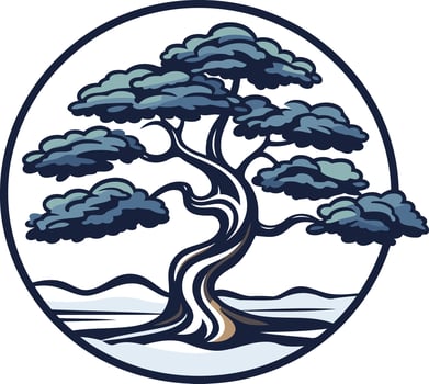 A stylized illustration of a bonsai tree, encircled by a thin line vector