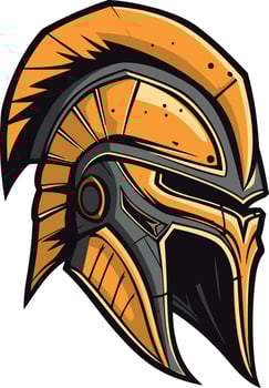 A bold and detailed illustration of a warrior's helmet, featuring a golden and black color scheme vector