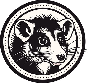 A classic black and white illustration of a raccoon's face, framed in a circular design with a dotted border vector