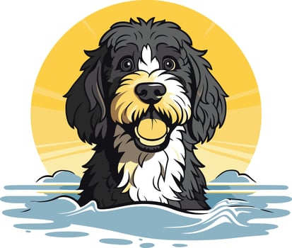A cheerful cartoon illustration of a black and white doodle dog with a happy expression, swimming in the water with a sunset in the background vector