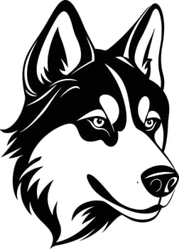 A bold, black and white illustration of a husky's head, perfect for branding, logos, and pet related designs vector