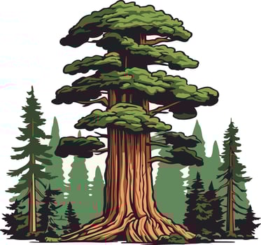A majestic redwood tree stands tall against a backdrop of lush greenery vector