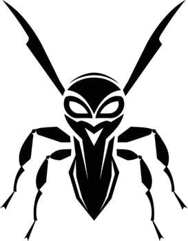 A bold, black and white illustration of an ant with a menacing expression, perfect for logos, branding, or gaming design vector