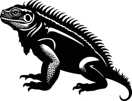 A striking black and white silhouette of an iguana, showcasing its unique features and powerful stance vector