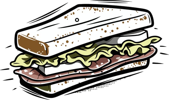 A fun, cartoon style illustration of a delicious sandwich with lettuce, meat, and cheese vector