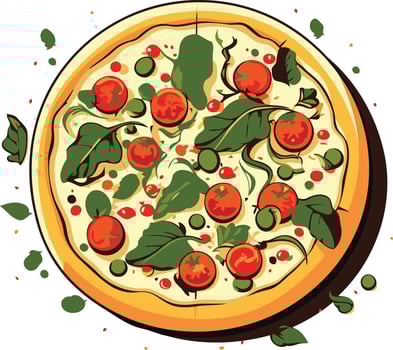 A delicious looking pizza with tomato, basil, and peas, perfect for restaurant menus, food blogs, or social media vector