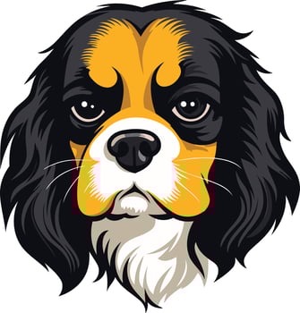 Cute cartoon illustration of a cavalier king charles spaniel with black, white, and gold fur vector