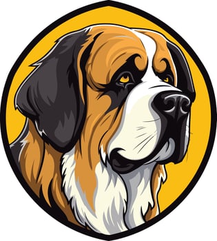A friendly, cartoon style saint bernard dog head with a yellow background vector