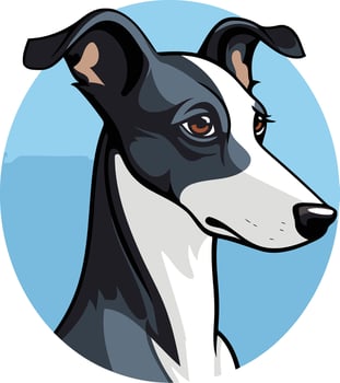 Cute cartoon illustration of a black and white greyhound dog looking to the side vector