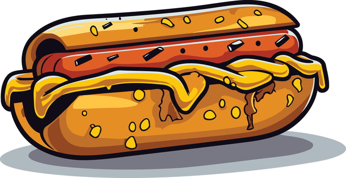 A cartoon style hot dog with mustard and ketchup, perfect for menu design, food blogs, and social media vector