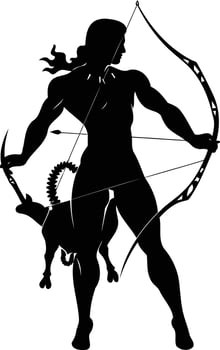 Silhouette of a woman holding a bow and arrow, standing over a goat vector