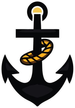 A classic black anchor with a yellow rope wrapped around the top, perfect for nautical themes, branding, and designs vector