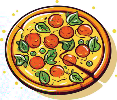 A delicious cartoon pizza with a slice removed, topped with tomatoes, green peppers, and basil vector