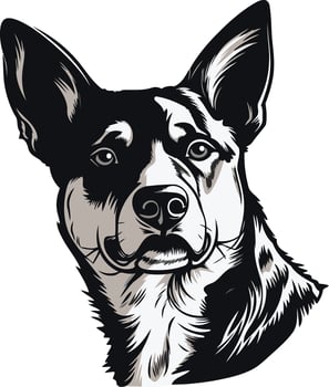 A striking black and white illustration of a friendly-looking dog's head, perfect for pet-related designs, branding, or as a decorative element vector