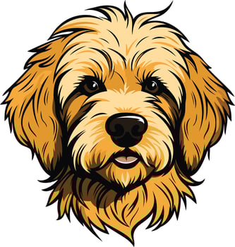 Cute cartoon illustration of a golden doodle dog with big brown eyes and a friendly face vector