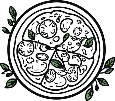 A simple, hand-drawn illustration of a pizza with various toppings, surrounded by green leaves vector