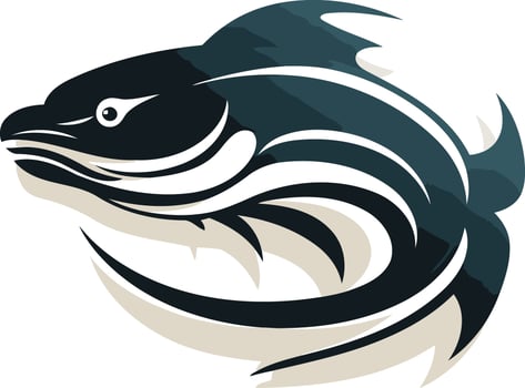 Stylized black and white fish logo design with a dynamic pose and bold lines, perfect for branding a fishing company, sports team, or marine business vector