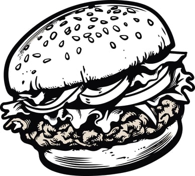 A classic black and white illustration of a juicy hamburger, perfect for food-related projects, menus, or social media content vector