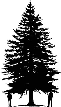 A striking silhouette of a towering pine tree, with two figures standing beneath its branches vector