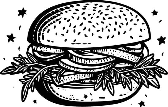 A hand-drawn black and white illustration of a delicious burger with sesame seeds, lettuce, and a juicy patty vector