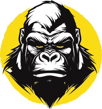 A fierce gorilla head with piercing yellow eyes, set against a bold yellow circle vector