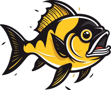 A cartoon illustration of a yellow and black fish with an open mouth, perfect for a logo, mascot, or branding for a fishing-related business vector