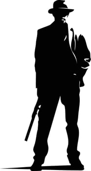 A stark silhouette of a man in a fedora, holding a cane vector