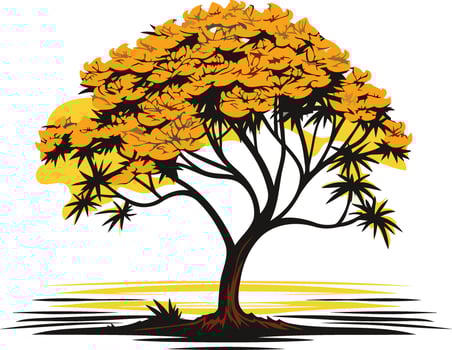 A stylized tree with vibrant yellow leaves, silhouetted against a sunset, evokes a sense of tranquility and natural beauty vector
