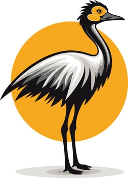 A stylized illustration of a black crowned crane, a majestic bird native to africa, standing against a vibrant yellow sun vector