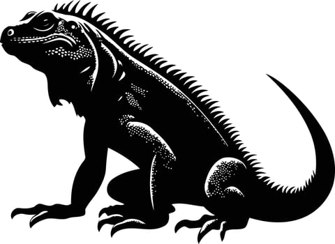 A bold black and white silhouette of an iguana, showcasing its detailed scales and powerful stance vector
