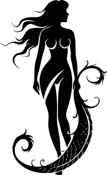 Elegant black silhouette of a woman with flowing hair and a floral tail, perfect for designs with nature, beauty, and femininity themes vector