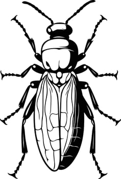 Black and white illustration of a detailed beetle with intricate wings vector