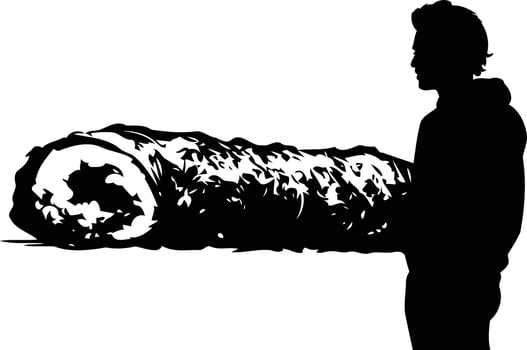 A dramatic silhouette of a person standing before a large, rolled up object vector