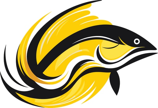 A dynamic, stylized fish logo in black and yellow, perfect for fishing businesses, seafood restaurants, or aquatic-themed brands vector