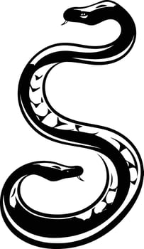 Black and white illustration of a snake curled up in an s shape vector