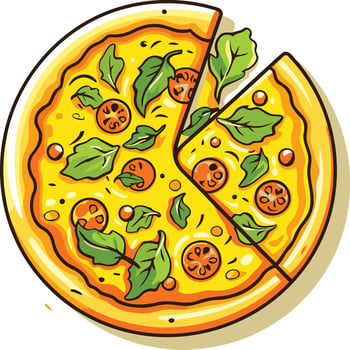 A cheerful, cartoon-style illustration of a delicious pizza with a single slice removed vector
