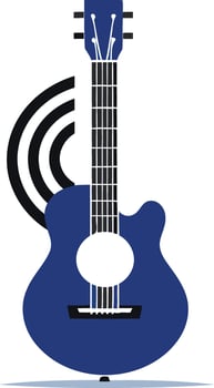 A vibrant blue acoustic guitar with a stylized soundwave graphic vector