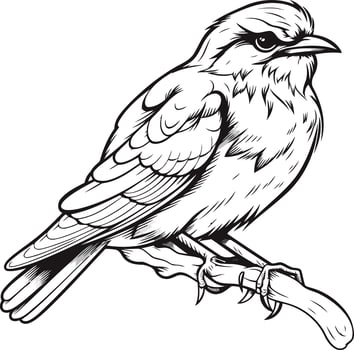 Black and White Illustration of a Bird Perched on a Branch vector