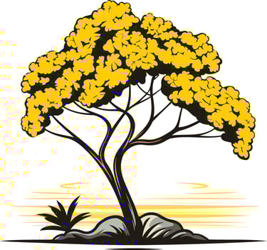 A stylized illustration of a tree with yellow leaves and a winding trunk, set against a sunset backdrop vector