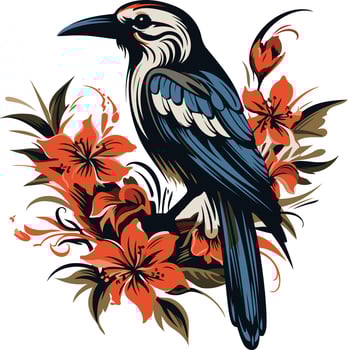 A Striking Blue Bird Perched Amidst Vibrant Red Flowers vector