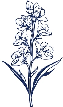 Elegant blue ink illustration of a delicate flower with leaves, perfect for botanical designs, wedding stationery, and feminine branding vector