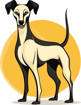 A sleek, stylized illustration of a greyhound dog standing against a simple yellow background vector
