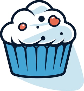A blue cupcake with white frosting and red dots vector