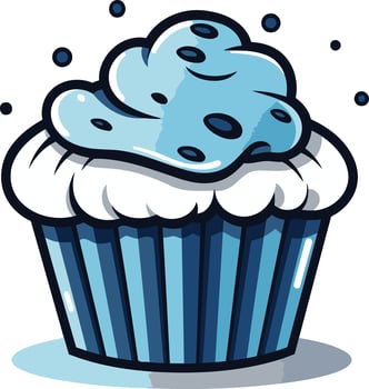 A cartoon illustration of a blue cupcake with white frosting and sprinkles vector