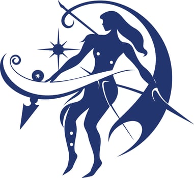 A celestial and mystical silhouette of a woman holding a spear, standing between the moon and a star vector