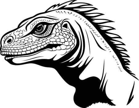 A striking black and white illustration of a lizard's head, featuring intricate detailing vector