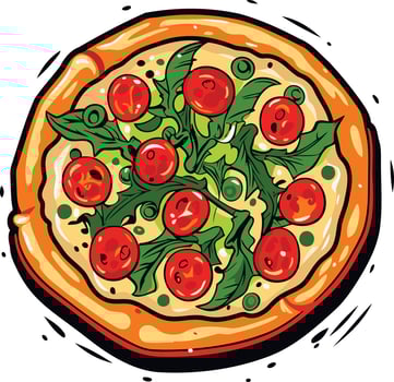 Delicious Pizza with Cherry Tomatoes, Peas and Greens vector