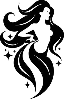 A stylish black and white silhouette of a woman with flowing hair and a mermaid tail, creating an elegant and feminine logo vector